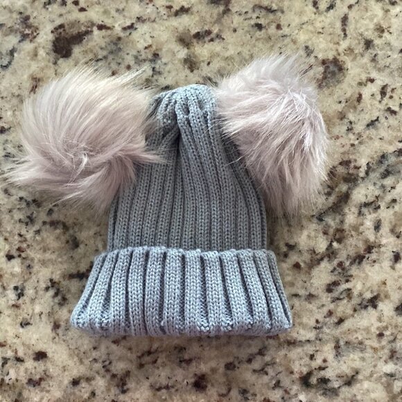 Gray Knitted  Children’s Beanie with 2 Pom Poms - Picture 4 of 4